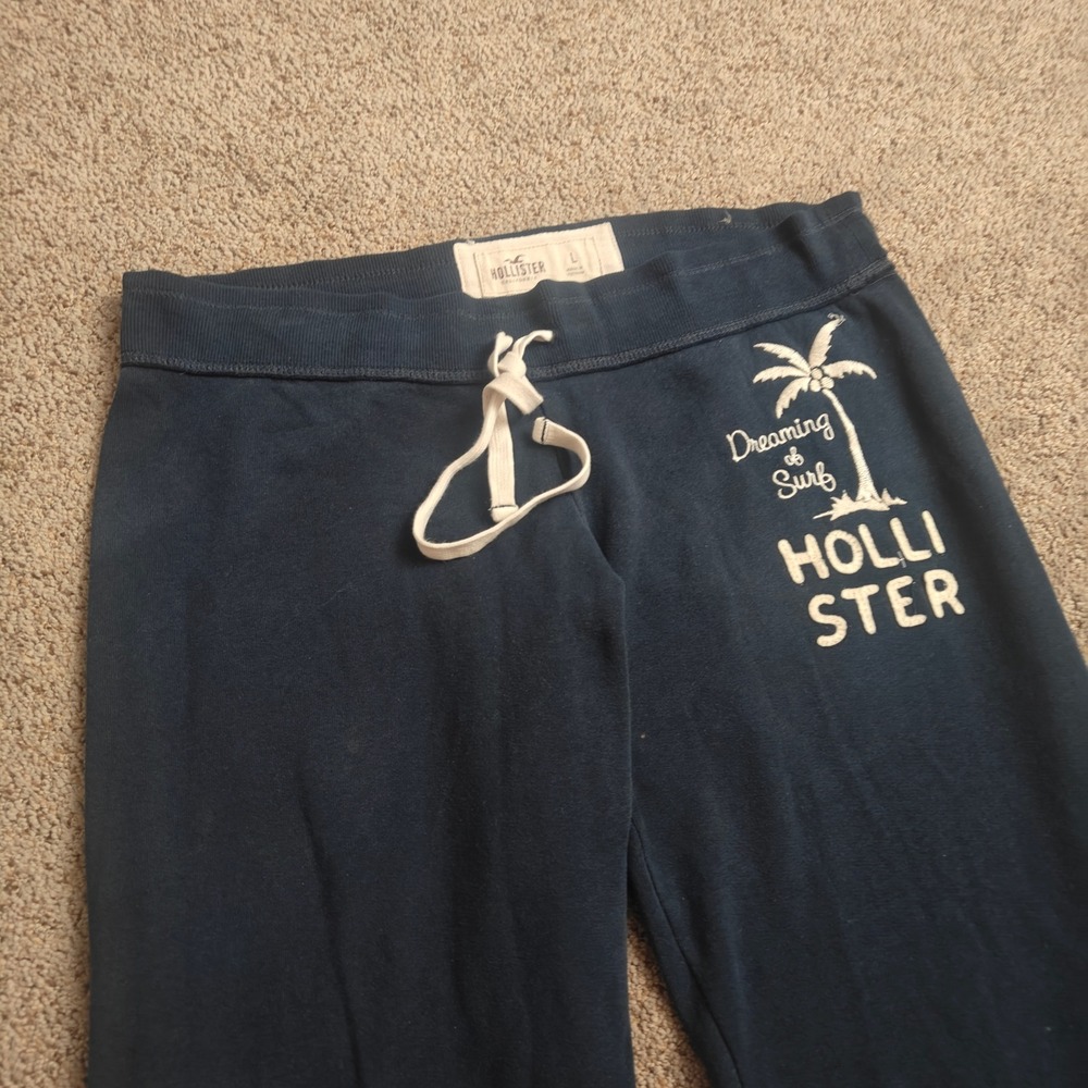 Hollister Women Navy Blue Jogger Sweatpants Dreaming of Surf Palm Tree Logo Sz L - Picture 10 of 14